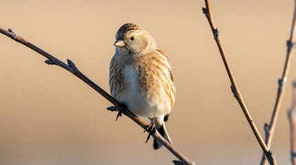 Naklejka premium Common linnet bird perches on a bare twig. Small passerine songbird shows its brown streaked plumage. Wildlife scene in natural outdoor setting.