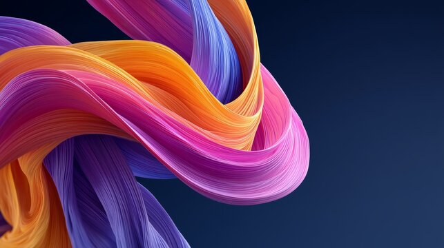 Vibrant colorful abstract ribbons twisting in fluid motion against a dark blue background with dynamic lighting.