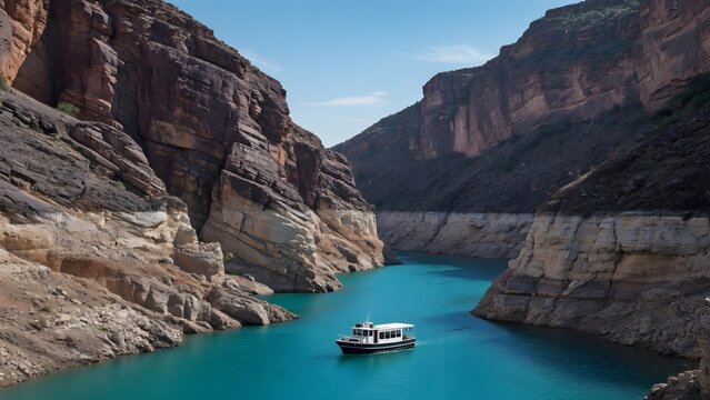a boat floating on turquoise water between lush canyon cliffs under a clear blue sky, exposed mineral bands and weathered stone surfaces demonstrating long-term geological evolution surrounding the ex