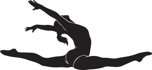 Fototapeta premium Athletic female gymnast silhouette performing dynamic split jump pose for web graphics.