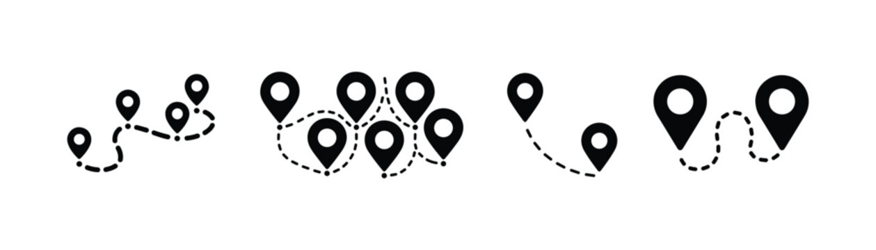 Collection of path navigation map pin markers with multiple stops for transport route apps.