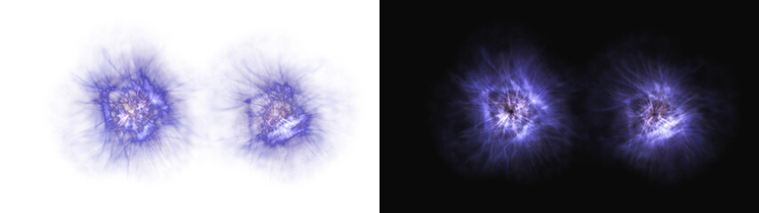 Fototapeta premium PNG image of Dual glowing purple nebula orbs with intense radiating light beams and ethereal cosmic energy patterns featured on transparent background