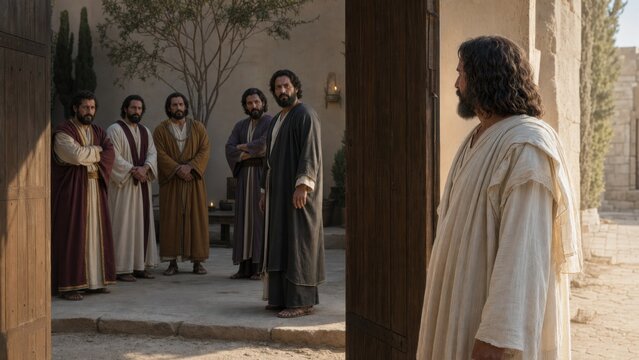 Lazarus stands at a villa doorway before five wealthy brothers. Biblical parable of resurrection, disbelief, repentance, and spiritual warning in an ancient setting.