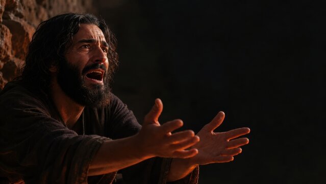 Desperate bearded man reaching forward in darkness with tearful expression. Biblical parable of the rich man pleading for mercy and relief from eternal suffering. Dramatic religious concept.