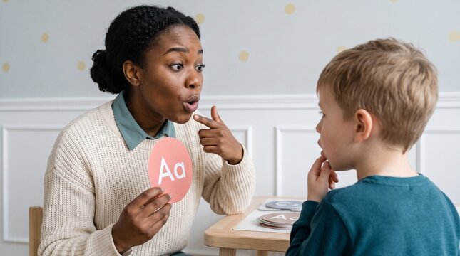 Child Practicing Letter A Sound with Speech Therapist During Pronunciation and Articulation Lesson