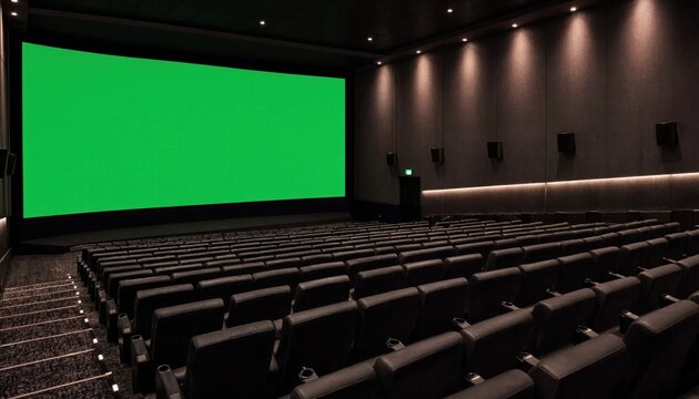 Empty movie theater auditorium with rows of comfortable seats and a large blank green screen for projection