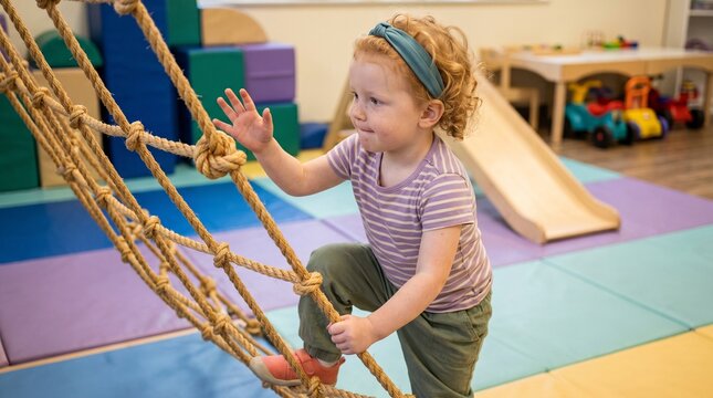 Young Child Practicing Rope Climbing and Balance Skills in Indoor Pediatric Therapy Gym
