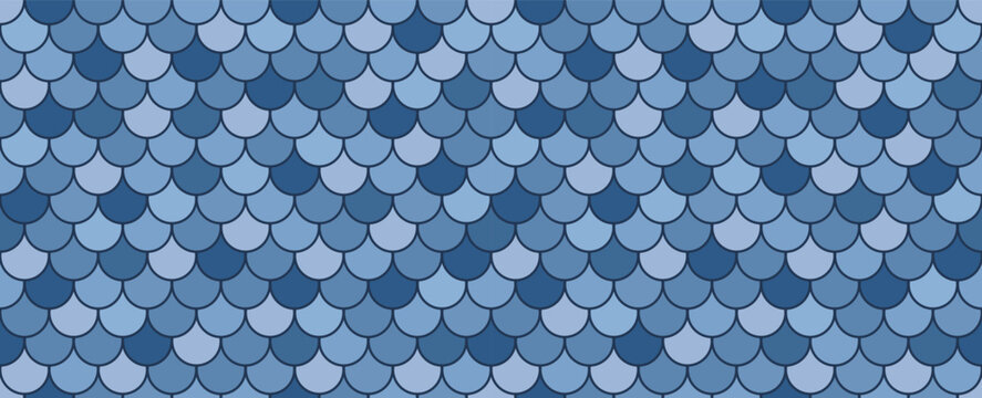 Blue Toned Seamless Scale Pattern, Scallop and Shingle Texture, Geometric Vector Design for Wallpaper, Textile, Fabric, Roof Tile, Packaging, Ceramic and Surface Design
