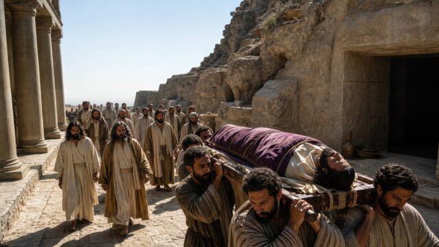 Ancient funeral procession carries a wealthy man toward a rock-cut tomb in biblical Jerusalem. Historical religious scene illustrating death, burial, wealth, and the parable of Lazarus and the rich