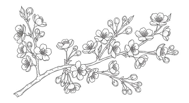 Beautiful cherry blossom branch with blooming flowers in a detailed hand drawn ink sketch style