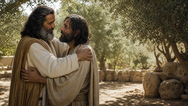 Abraham embracing Lazarus in an olive grove. Biblical scene of compassion, spiritual comfort, salvation, and hope from the parable of the rich man and Lazarus.