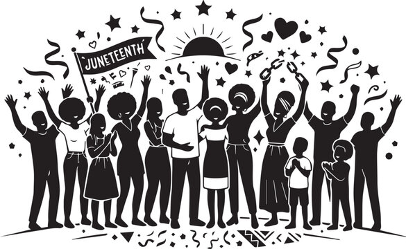 Juneteenth celebration with diverse group of happy people cheering for freedom in parade.