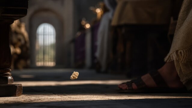 A crumb falling from a banquet table toward a poor man in ancient sandals. Biblical parable of Lazarus and the rich man, compassion, poverty, and spiritual inequality.