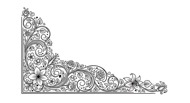 Beautiful vintage floral corner frame design with hand drawn roses and leaves in a decorative elegant style