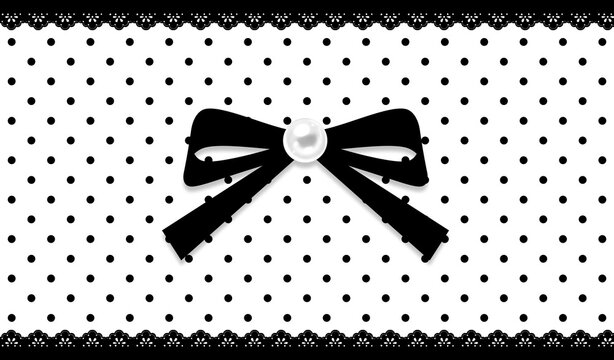 Cute Black Bow with Pearl on Black and White Polka Dot Background with Lace Border. Vintage Elegant Black Ribbon Bow and Pearl Centerpiece on Polka Dot Pattern Wallpaper - Girly Coquette Style