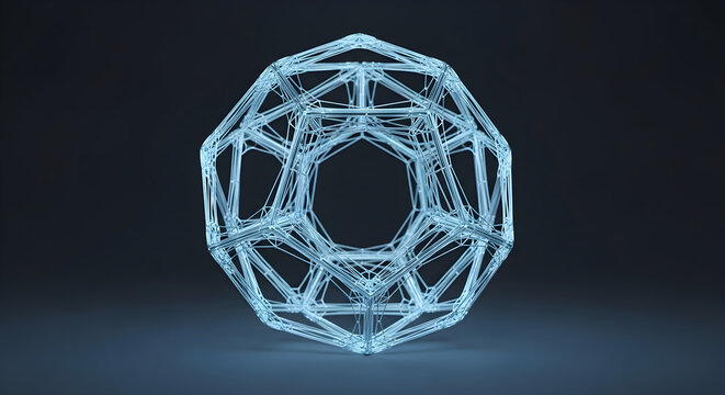 Abstract geometric dodecahedron structure featuring complex crystalline wireframe mesh design for futuristic science and modern technological art