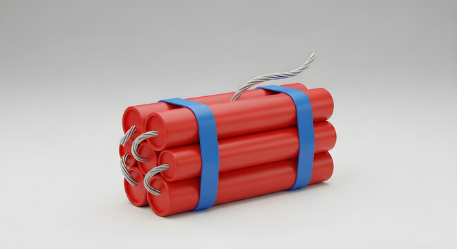 Bundle of Red Dynamite Sticks with Fuses Ready for Detonation on a Plain Minimalist Background for Industrial Concept Illustration