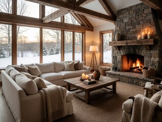 Fototapeta premium Log cabin living room with large sectional sofa, rustic stone fireplace, and wood beams. Snow covered trees seen through panoramic windows create a cozy winter retreat atmosphere.