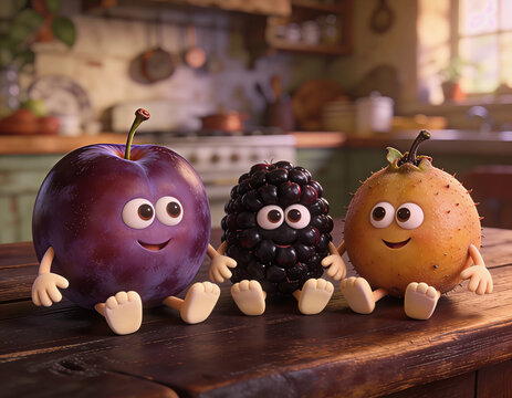 Three fruits with simple cartoon expressions standing together as playful symbols of freshness, wellness and natural healthy living, friendly companions for children