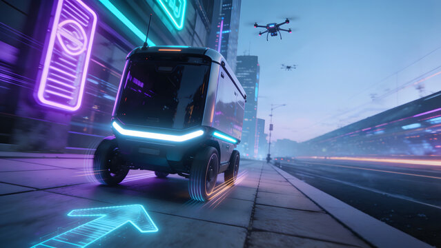 Autonomous delivery robot navigate smart city sidewalk with drone fly above modern street at night, future logistics concept, digital transport innovation in urban futuristic cyberpunk environment sce