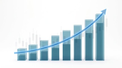 Fototapeta premium Ascending 3D bar graph with glowing blue upward arrow and candlestick chart on white background representing business growth, financial success, stock market investment and data analytics