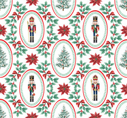 Naklejka premium Christmas tree, nutcracker, mistletoe, red flower seamless pattern. Winter holiday wallpaper.