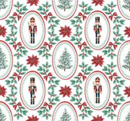 Christmas tree, nutcracker, mistletoe, red flower seamless pattern. Winter holiday wallpaper. © good_mood