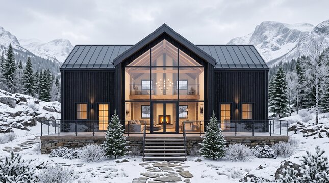 Modern black house in snowy mountains, luxury architectural exterior with glass facade