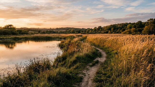 Beautiful Golden Hour Landscape with a Narrow Footpath Along a Reflective Lake and Tall Reeds at Sunset Time