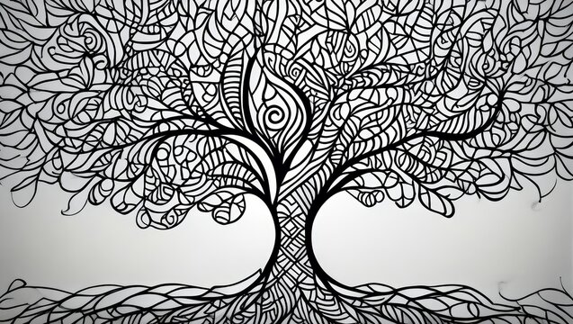 Intricate Black and White Tree of Life Illustration