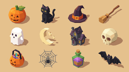 Fototapeta premium Halloween Icons Collection Featuring Pumpkin Cat Witch Hat Broom Ghost Moon House Skull Spider Potion Bat