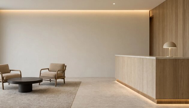 Modern minimalist office reception area with a wooden desk comfortable armchairs and soft warm ambient cove lighting