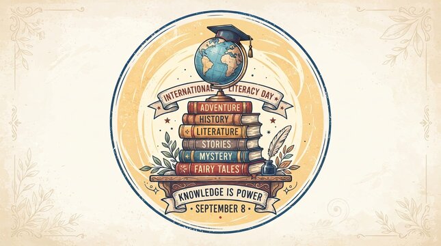 International Literacy Day emblem badge with globe on stack of books concept photo
