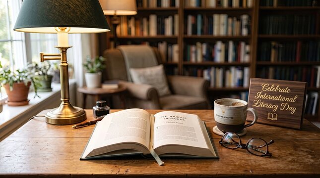 Open book on wooden table in warm cozy library with lamp light photo
