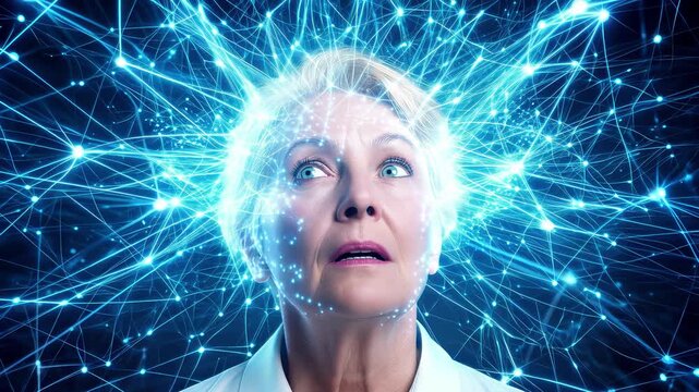 Senior woman surrounded by glowing neural network representing artificial intelligence and cognitive function. Close-up shot with dynamic camera movement.