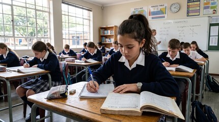 Fototapeta premium Diverse group of students in a classroom setting, focused on their studies, writing in notebooks and reading textbooks during a mathematics lesson