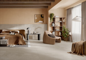 Modern bedroom interior in warm earthy tones with wicker armchair © Yulia