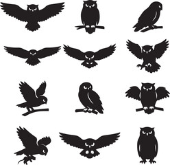 Naklejka premium Black Owl Silhouette Set Flying and Perched Vector Poses
