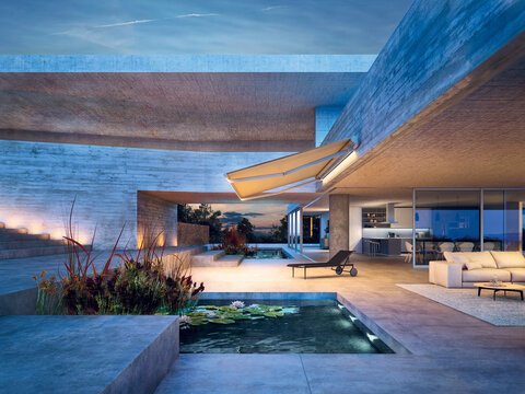 Luxury brutalist concrete villa exterior with terrace swimming pool at sunset