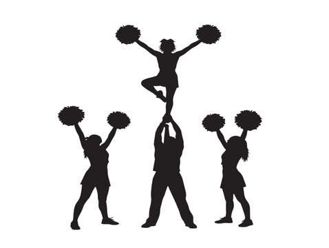 Cheerleader pyramid team stunt performance. Silhouette vector illustration of acrobatic cheerleading formation with athletes lifting base flyer.