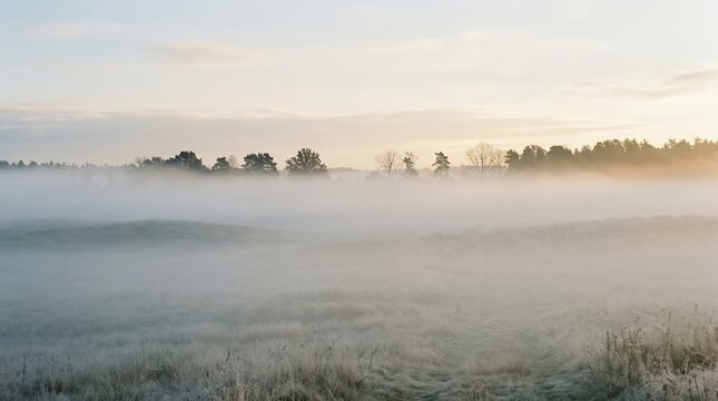 Tranquil morning landscape with heavy fog over a frost covered field and trees under a soft sunrise sky in the country