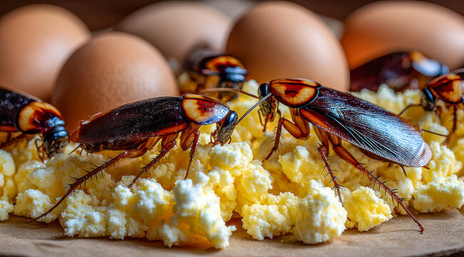 Disturbing scene depicting insects feeding on spoiled dairy items in unclean pantry