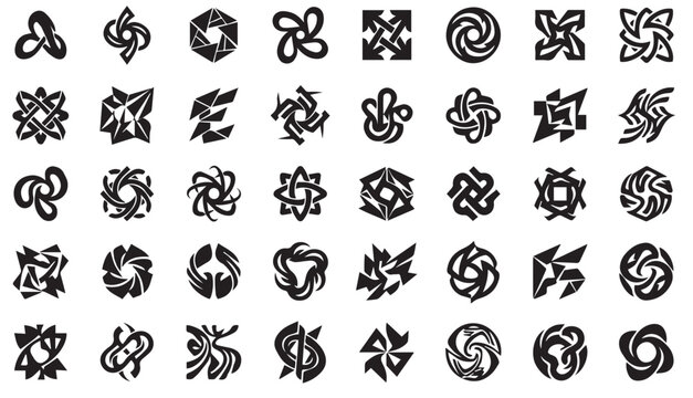 Set of abstract geometric vortex shapes, spiral swirl elements, futuristic techno symbols, and modern vector logo designs in monochrome black and white style