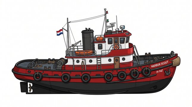 Ship Sailing in the Sea, Red Maritime Vessel for Ocean Transportation, Cargo Shipping, Fishing, Harbor, Port and Nautical Travel Vector Illustration