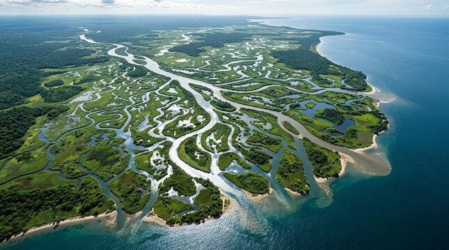 Stunning aerial landscape of a tropical river delta meeting the blue sea with intricate water channels and green foliage