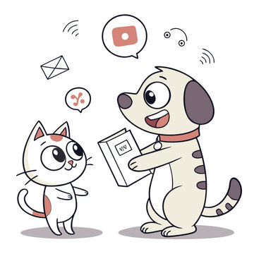 Cute dog showing book to cat communication chat message