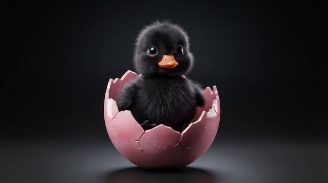 Black fluffy duckling hatching from pink eggshell.