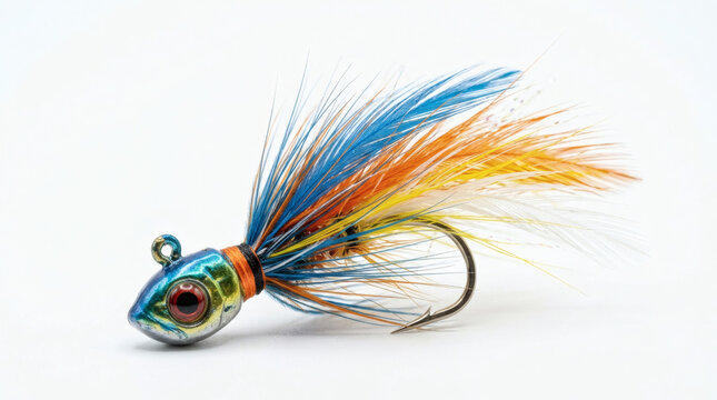 A colorful fishing lure designed to mimic a small fish, with bright feathers and metallic accents