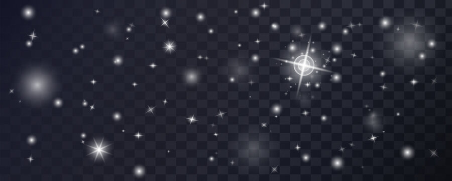 Bright silver starburst flashes with glowing cosmic dust particles and magical starlight shine
