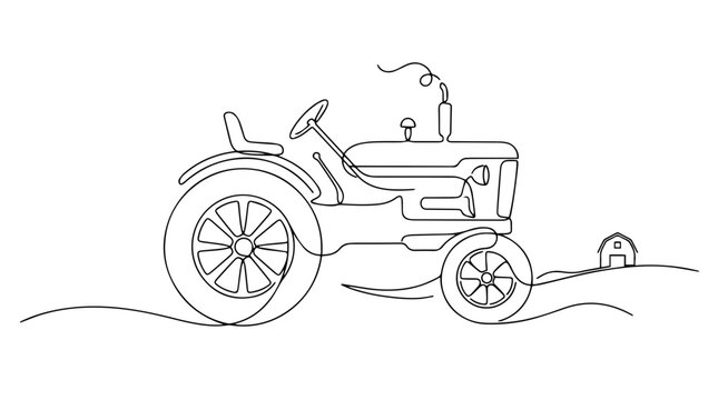 Continuous line art of a farm tractor and barn. Minimalist agritourism vector illustration. Rural countryside travel concept